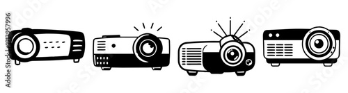 Set of four modern black projectors isolated on white background for business presentations and home theater
