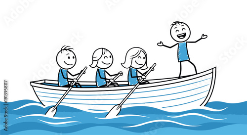 Cartoon people rowing a boat together on calm blue waters, teamwork and leisure activity, simple doodle style illustration.