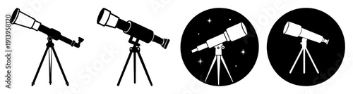 Set of four modern telescopes isolated on black background for astronomy and stargazing exploration