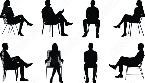 Squatting people silhouettes set, men and women sitting poses collection, black human figures, body posture reference, isolated vector illustration on white background
