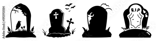 Halloween graveyard scene with four spooky tombstones and flying bat in dark night vector illustration