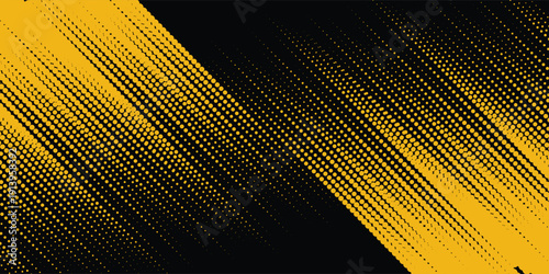 Halftone yellow dots pattern and black gradient grunge texture background. Dotted line comic sport style vector illustration.