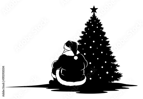 Santa Claus silhouette sitting by a Christmas tree, winter holiday night scene, festive celebration and peaceful xmas atmosphere vector illustration for cards