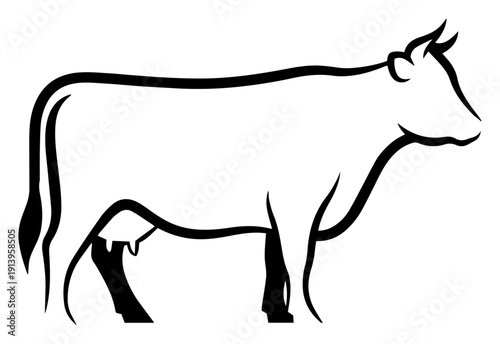 Cow silhouette line art illustration, dairy cattle farm animal outline, minimalist livestock vector element for logo and agriculture design, bovine profile graphic
