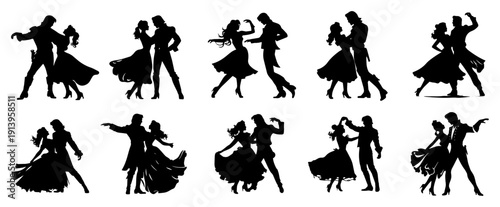Ballroom dancers silhouettes set, elegant couples dancing tango salsa waltz collection, romantic dance poses vector illustrations for event invitations and wedding design