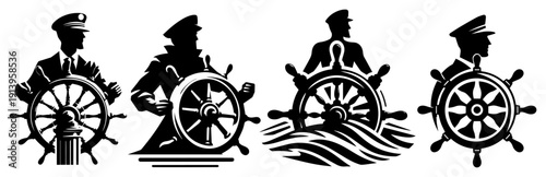 Sea captain at ship steering wheel silhouettes set, nautical sailors at helm illustrations, maritime navigation character vector, ocean travel and vessel control graphics