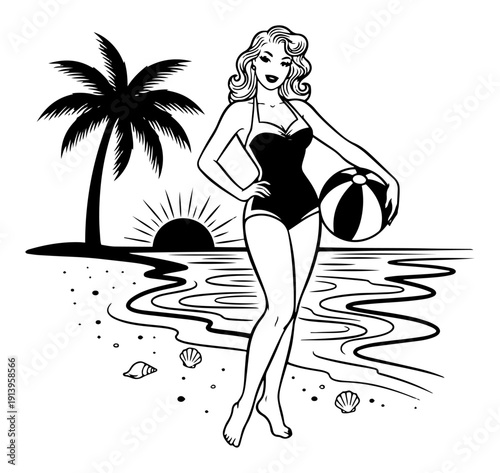 Pin-up girl on tropical beach with palm tree and beach ball, vintage summer vacation illustration, retro woman in swimsuit seaside scene vector
