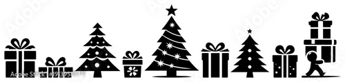 Christmas trees and gift boxes silhouettes border set, winter holiday festive celebration elements, xmas presents and fir tree icons collection for design