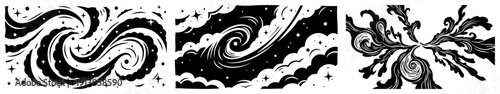Abstract cosmic swirl and galaxy wave patterns set, celestial nebula and star clouds vector illustrations, space energy motion graphics for background