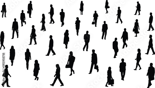 Black silhouette collection of people walking in diverse postures and directions, ideal for urban life, social behavior, crowd studies, and graphic design projects