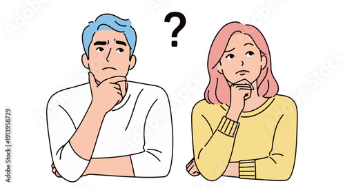 Man and woman puzzled, deep in thought, with a question mark above them, cartoon style, Transparent Background, problem solving.