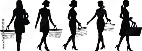Women shopping silhouettes with baskets and bags, fashion consumer behavior, retail design, stylish dress, high heels, marketing, advertising, lifestyle illustration