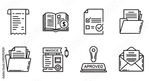 Collection of simple black and white icons representing various business and financial documents, invoices, and approval processes on a Transparent Background.