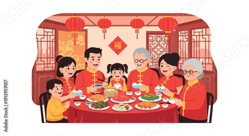 Illustration of a multicultural family having a traditional meal together in a decorated dining room with red lanterns and festive atmosphere.