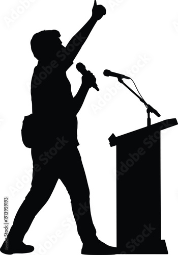 PrintBlack silhouette of a male speaker with microphone standing at a podium raising his hand on white background