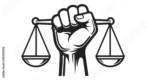 A clenched fist holds a scale of justice, symbolizing balance and fairness in a powerful gesture.
