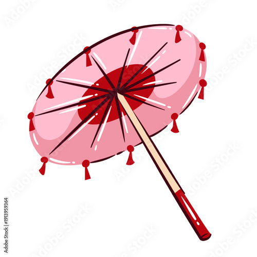 Japanese paper umbrella traditional wagasa accessory. Pink parasol with wooden handle and decorative tassels, classic Japan culture element. Japan travel icon, cartoon vector illustration.