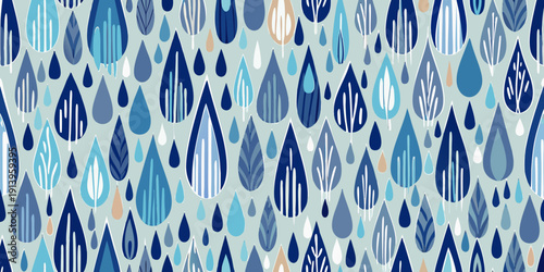 Vibrant seamless vector blue and white leaf pattern with raindrop shapes background for any design needs
