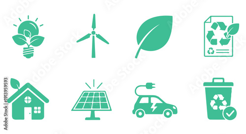 Collection of green eco friendly icons representing sustainable energy and recycling on a Transparent Background, promoting environmental conservation.