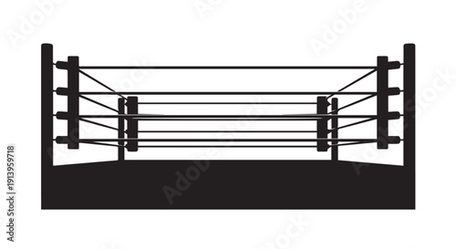 A black silhouette of a professional boxing ring with ropes and corner posts on a Transparent Background, symbolizing combat sports.