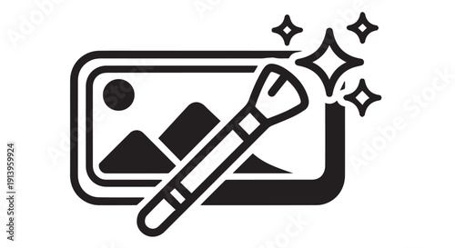 Black and white graphic illustration of a photograph with a paintbrush, symbolizing photo editing and graphic design, on a clean Transparent Background.