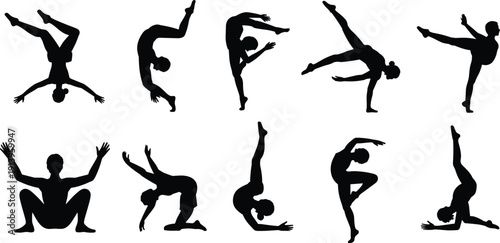 Black silhouettes of diverse gymnasts performing various yoga and acrobatic poses with extreme flexibility isolated on white backgroundBlack