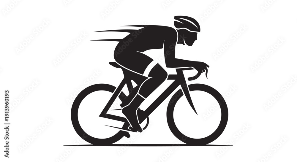 Fototapeta premium Silhouette of a cyclist riding a bicycle at high speed, wearing a helmet, in a dynamic pose, on a Transparent Background.