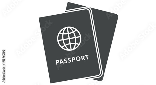 Gray passport graphic with white globe icon and text, symbolizing travel and identity, on a clean Transparent Background.