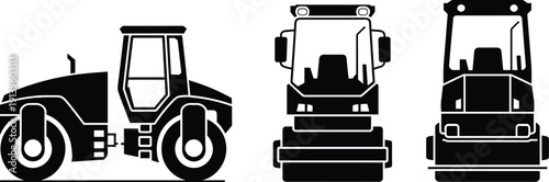 PrintBlack silhouettes of heavy road roller construction machinery in side and front views isolated on a white background
