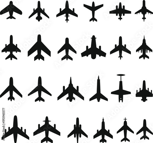 Black silhouette illustration collection of twenty-five diverse aircraft including commercial jets, military fighters, bombers, and reconnaissance planes, perfect for aviation, engineering, 