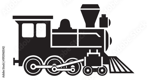 Black silhouette of a vintage steam locomotive train on tracks, symbolizing transportation and travel.