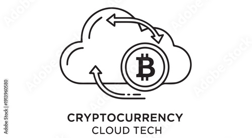 Cryptocurrency cloud technology concept with bitcoin symbol and arrows, representing digital currency exchange and online transactions.