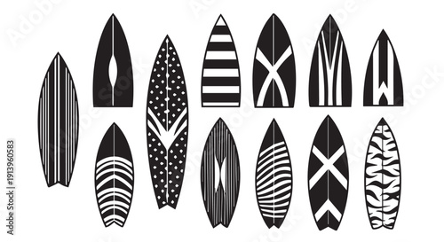 Collection of black and white surfboards with various patterns and designs on a Transparent Background, ideal for beach themed projects.