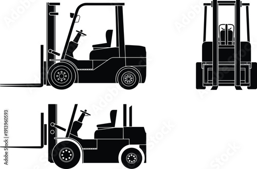 PrintBlack silhouettes of industrial forklifts in side and front views for warehouse logistics and material handling on white background
