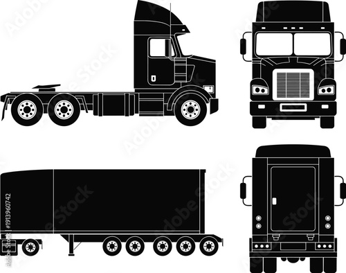PrintBlack silhouettes of semi truck cab and cargo trailer in side and front views isolated on white backgroundBlack silhouettes of semi truck cab and