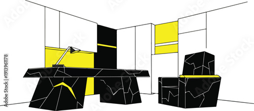 Modern kitchen interior with sleek furniture and yellow accents in a minimalist environment viewed from the side