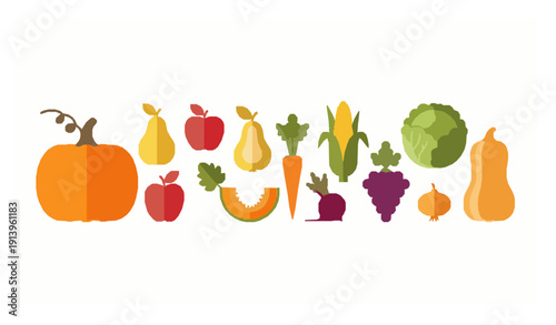 Cartoon autumn harvest vector collection with fruits and vegetables isolated on white background