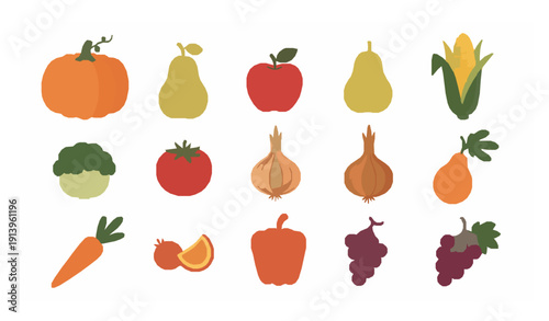 Autumn harvest flat vector set with fruits and vegetables isolated on white background