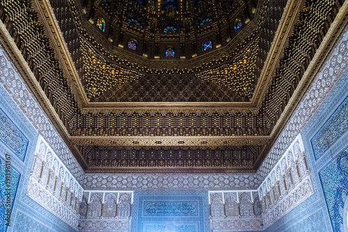 Interior of Mausoleum of Mohammed V in Rabat Morocco with blue stone and golden details