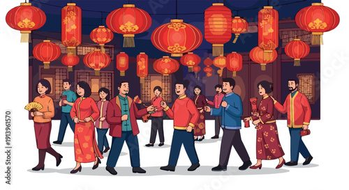 Illustration of a diverse group of people walking under colorful Chinese lanterns in a festive atmosphere with vibrant red and orange hues.