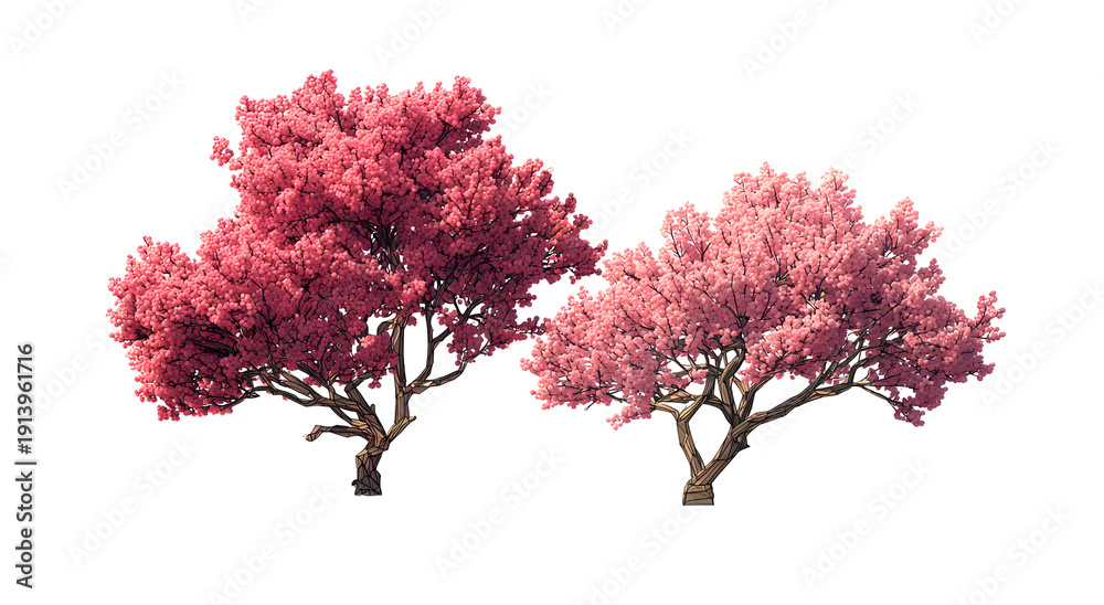 Obraz premium Two stylized decorative trees with vibrant pink blossoms and intricate branches against a transparent background for graphic design elements