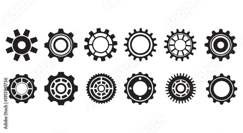 Collection of various black gear icons on Transparent Background, symbolizing industry and technology.