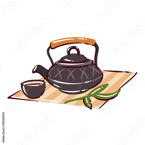 Japanese tea kettle with cup on bamboo mat. Traditional teapot, hot tea, ceramic teaware, Asian tea culture symbol, travel element, hand drawn style, cartoon vector illustration.