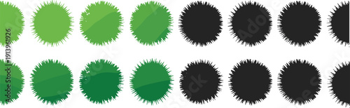 Stylized silhouette illustration of circular spiky forms resembling microorganisms or viruses, transitioning from green to black, perfect for science, biology, and conceptual design projects