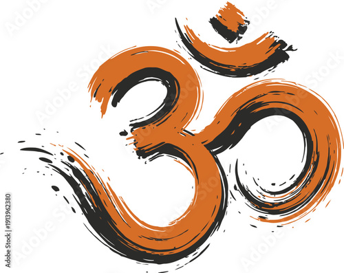 Artistic Grunge Brush Stroke Om Symbol Vector Illustration in Saffron and Black Ink Style