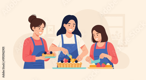Three smiling individuals in aprons decorating fruit tarts together in a bright room