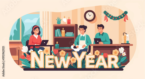 Three smiling people at desks celebrate New Year with festive decor