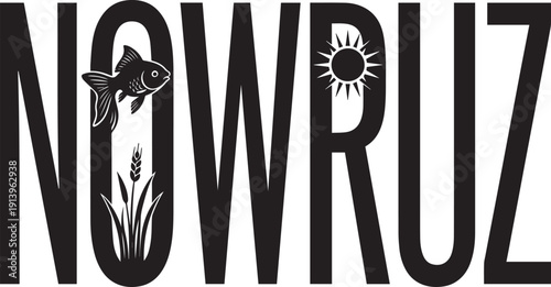 Nowruz text design with traditional Persian elements. The word "Nowruz" is stylized with a goldfish, wheat sprouts, and a sun icon integrated into the letters