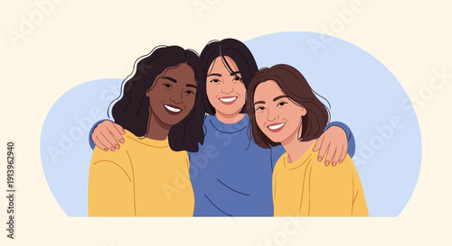Three smiling women of diverse ethnicities embrace, symbolizing friendship and unity