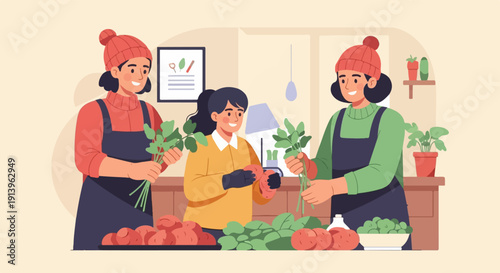 Three smiling people in aprons and beanies prepare fresh produce